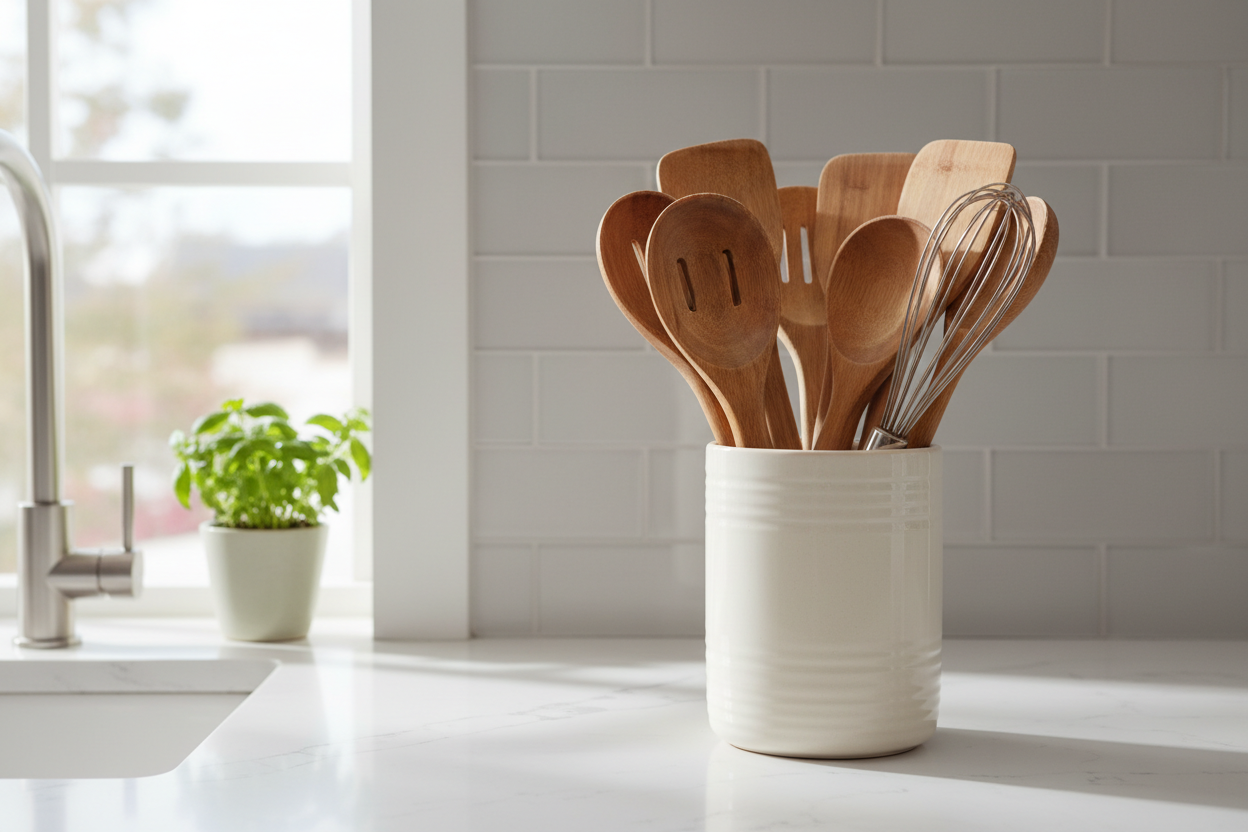 Ceramic utensil holder on a modern kitchen countertop
