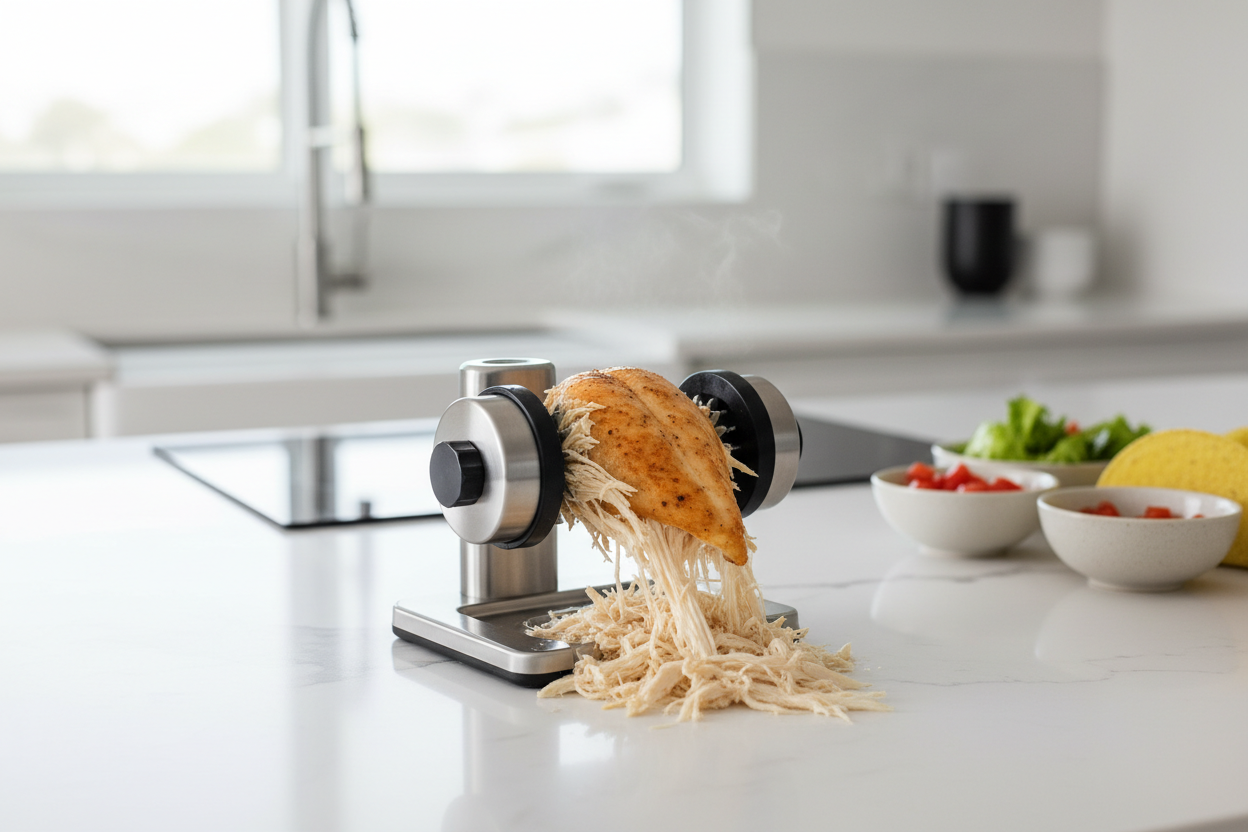 Chicken shredder tool on a kitchen counter pulling apart cooked chicken breast into fine strands, ideal for meal prep, tacos, and salads, clean modern kitchen setting.