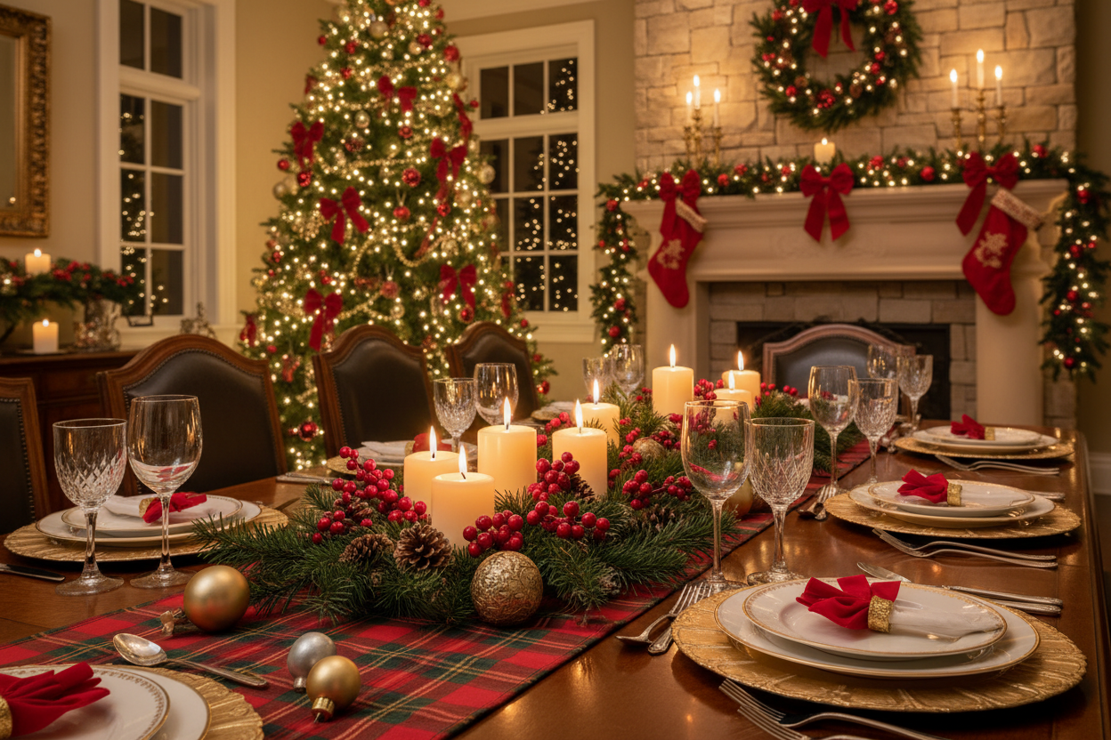 Christmas home and table decor styled for holiday entertaining