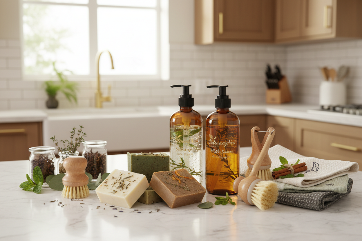 <img src="kitchen-soap.jpg" alt="CulinaryNest natural kitchen soap bar on wooden sink tray">