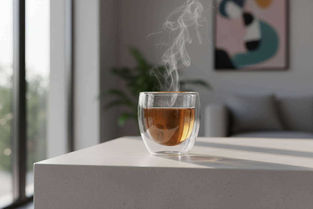 Double wall glass cup for coffee and tea on a modern table