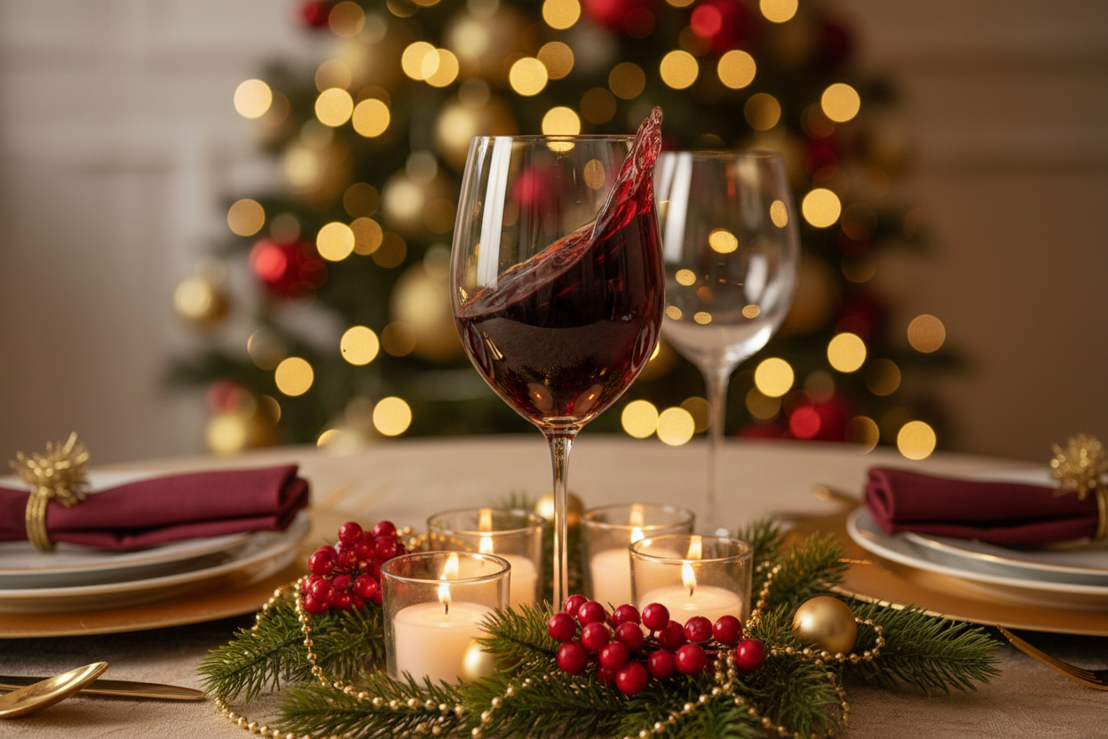 Elegant wine glass styled for holiday entertaining