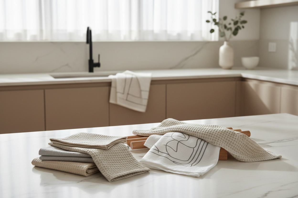 Fabric kitchen towel set in a modern neutral kitchen