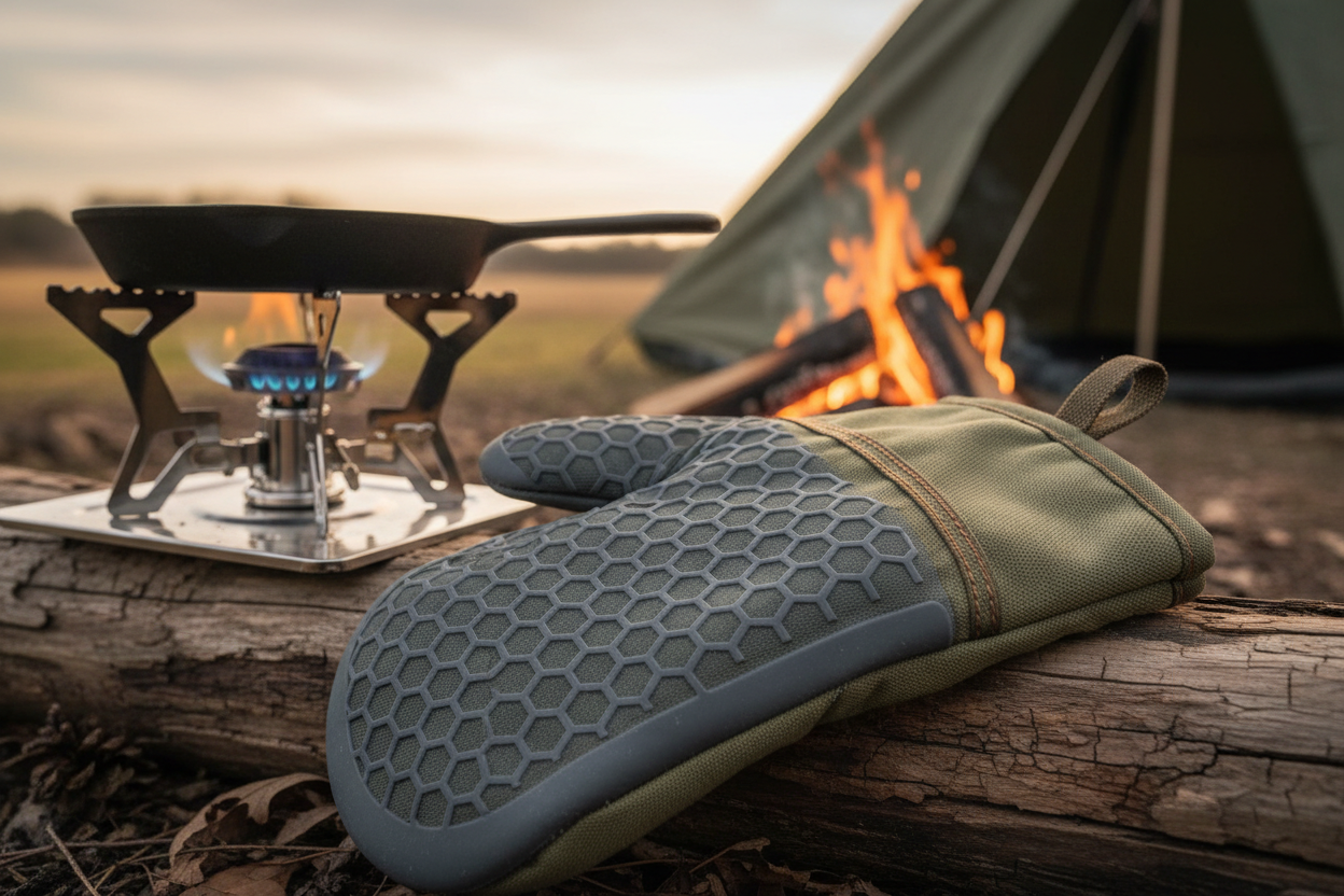 Heat-resistant camping oven mitt for outdoor cooking
