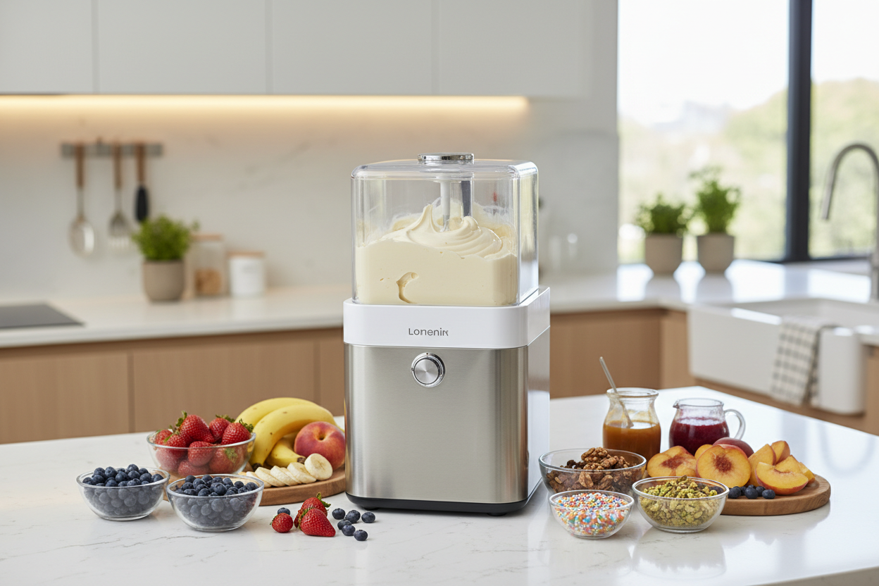 Ice cream maker on a kitchen counter churning fresh creamy ice cream, surrounded by fruits and toppings, modern design ideal for homemade desserts.