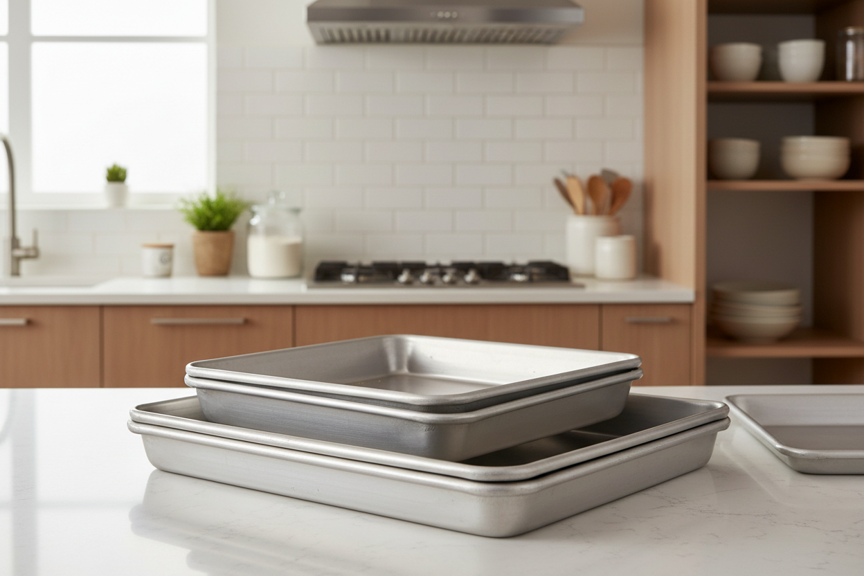 Set of durable sheet pans on countertop