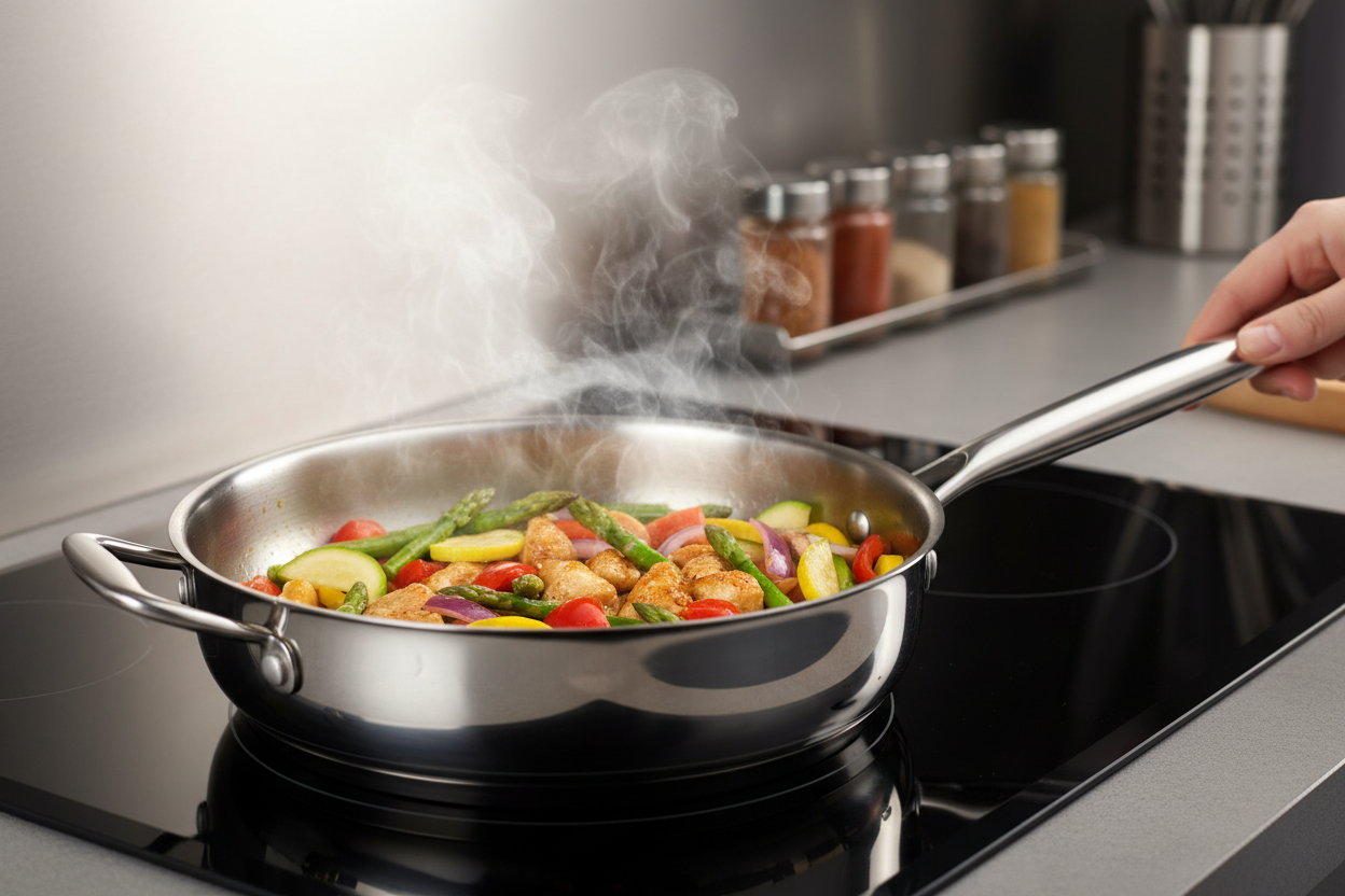 Stainless sauté pan cooking on stovetop