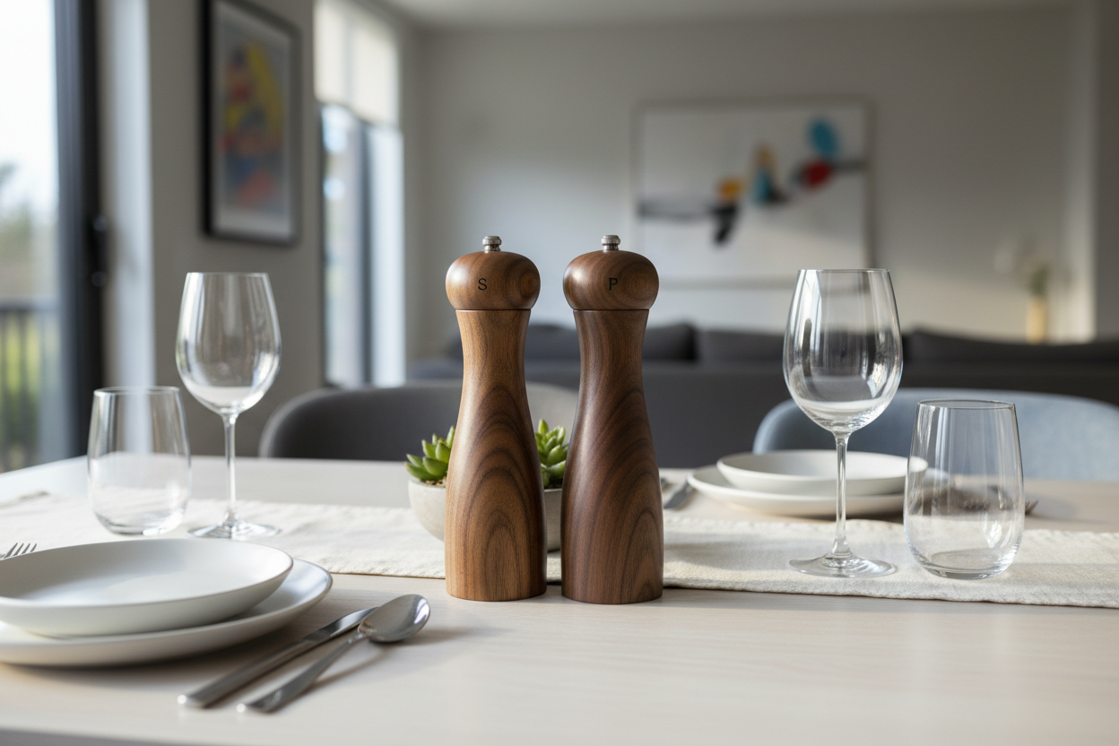 Wood salt and pepper grinder set on a modern dining table