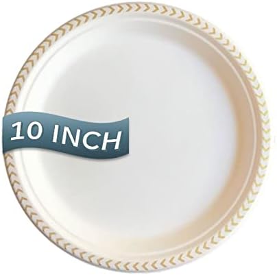 Disposable Paper Plate: Heavy Duty, Elegant, Eco-Friendly, Compostable Paper Plates (50 Count), Tree Free Sugarcane Bagasse Plate with Color Party Plate (10 inch Gold Dinner Plate)