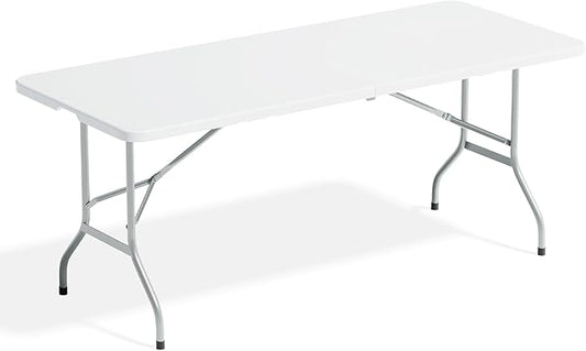 72' Folding Table, Collapsible Camping Table, Rectangular Picnic Table with Steel Frame, Stable Legs Design, Easy Carry and Storage, Plastic Outdoor Folding Tables for Indoor Outdoor, White