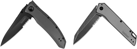 Kershaw Grid Folding Pocket Knife, 3.7 inch Black Serrated Blade, Steel Handle, Pocketclip & Misdirect Pocketknife; 2.9 in. 4Cr13 Serrated Black-Oxide Blackwash Finish Blade