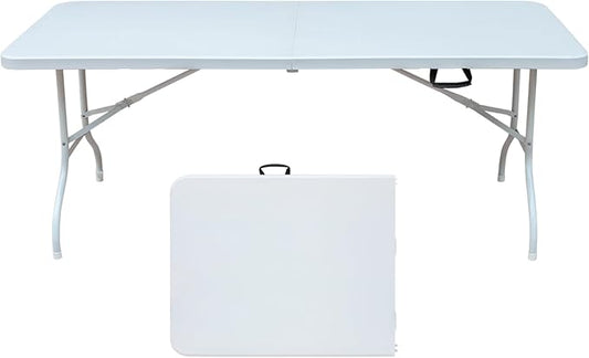 Icoud 6ft Plastic Folding Table Portable Heavy Duty White Dining Table Fold-in-Half for Camp Party Kitchen Indoor Outdoor