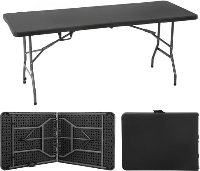 6ft Plastic Folding Table, Fold-in-Half Portable Utility Table Heavy Duty Portable w/Handle, for Indoor Outdoor,Picnic, Party, & Camping (Black, 6ft)