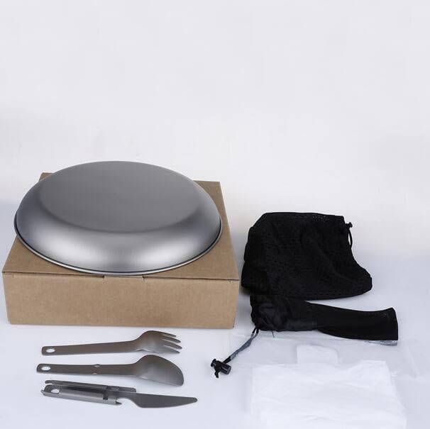 Titanium Camping Plate Utensil Set of 4, Ultralight Titanium Plate Dish with Knife Fork Spoon, Portable Outdoor Camping Tableware Cutlery Cookware for Backpacking Hiking Travelling Picnic BBQ
