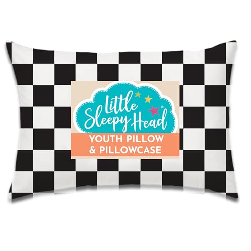 Little Sleepy Head Youth Pillow with Pillowcase 16x22, Soft Jumbo Toddler Pillows, Hypoallergenic Pillow Case - Best Kids Pillows for Sleeping, Perfect Kids Travel Pillows (Checkers Black)