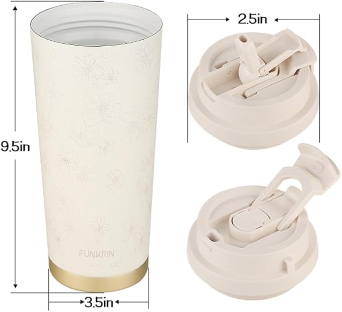 Funkrin Coffee Travel Mug with Straw & Flip Lid, 16oz Insulated Tumbler Cup with Ceramic Coating, Double Wall Vacuum Leak-Proof Mug for Office School Party Camping