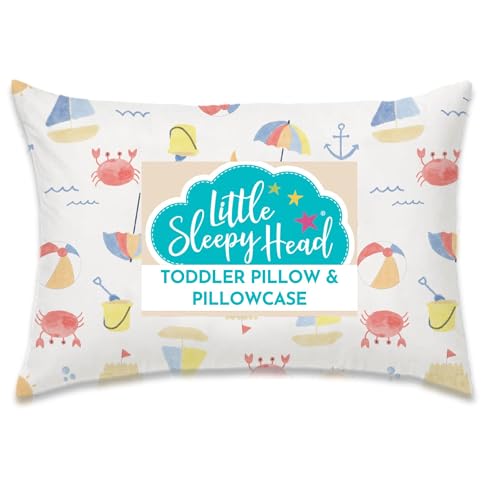 Little Sleepy Head Toddler Pillow with Pillowcase 13x18 - Kids Pillow for Sleeping - Better Neck Support Ergonomic Pillow and Toddler Pillowcase - Best Pillows for Kids (Beach Days)