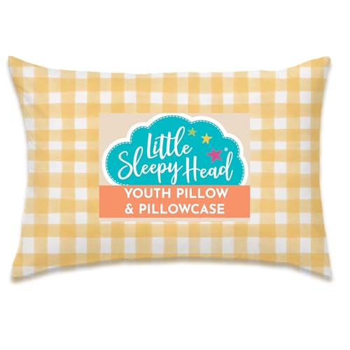 Little Sleepy Head Youth Pillow, Jumbo Toddler Pillow with 16x22 Pillowcase, Hypoallergenic Kids Travel Pillow - Best Kids Sleep Pillows with Gingham Yellow Case and Soft Cover
