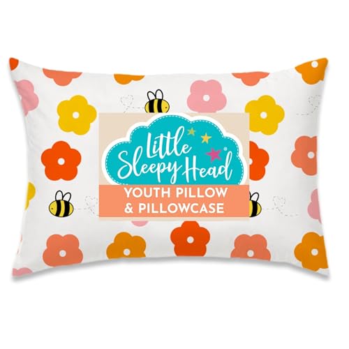 Little Sleepy Head Youth Pillow with Pillowcase 16x22, Soft Jumbo Toddler Pillows, Hypoallergenic Pillow Case - Best Kids Pillows for Sleeping, Perfect Kids Travel Pillows (Bee Happy)
