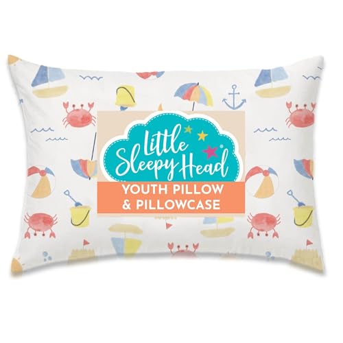 Little Sleepy Head Youth Pillow with Pillowcase 16x22, Soft Jumbo Toddler Pillows, Hypoallergenic Pillow Case - Best Kids Pillows for Sleeping, Perfect Kids Travel Pillows (Beach Days)