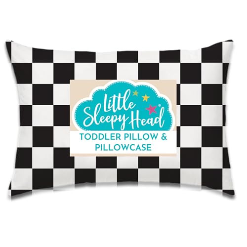 Little Sleepy Head Toddler Pillow with Pillowcase 13x18 - Kids Pillow for Sleeping - Better Neck Support Ergonomic Pillow and Toddler Pillowcase - Best Pillows for Kids (Checkers Black)