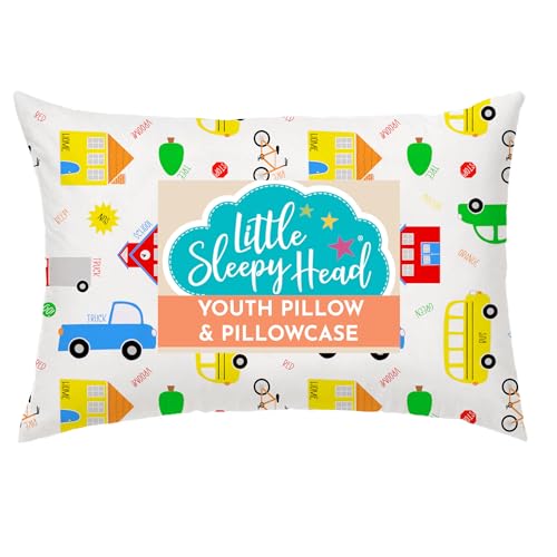 Little Sleepy Head Youth Pillow with Pillowcase 16x22, Soft Jumbo Toddler Pillows, Hypoallergenic Pillow Case - Best Kids Pillows for Sleeping, Perfect Kids Travel Pillows (Trucks 'N Cars)
