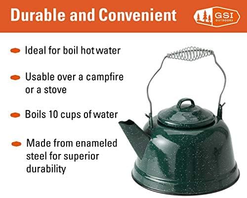 GSI Outdoors Tea Kettle | Enameled Steel 10 Cup Tea Kettle for Outdoor Cooking, Camping, Cabin and Home Kitchen