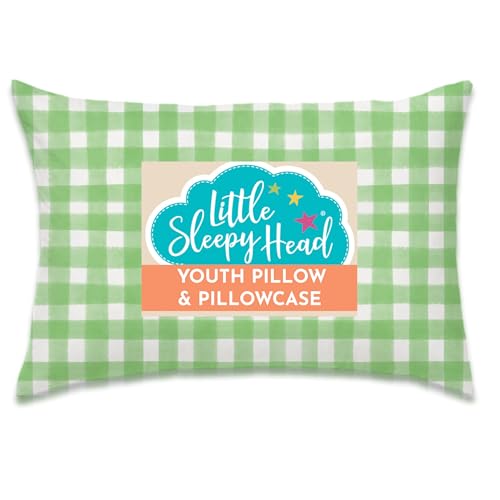 Little Sleepy Head Youth Pillow with Pillowcase 16x22, Soft Jumbo Toddler Pillows, Hypoallergenic Pillow Case - Best Kids Pillows for Sleeping, Perfect Kids Travel Pillows (Gingham Green)