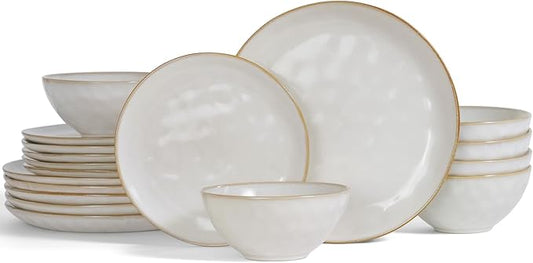 Famiware Ocean Round Plates and Bowls Set, 18 Pieces Dinnerware Sets, Dishes Set for 6, Reactive Glaze, Microwave and Dishwasher Safe, Scratch Resistant, Cappuccino White