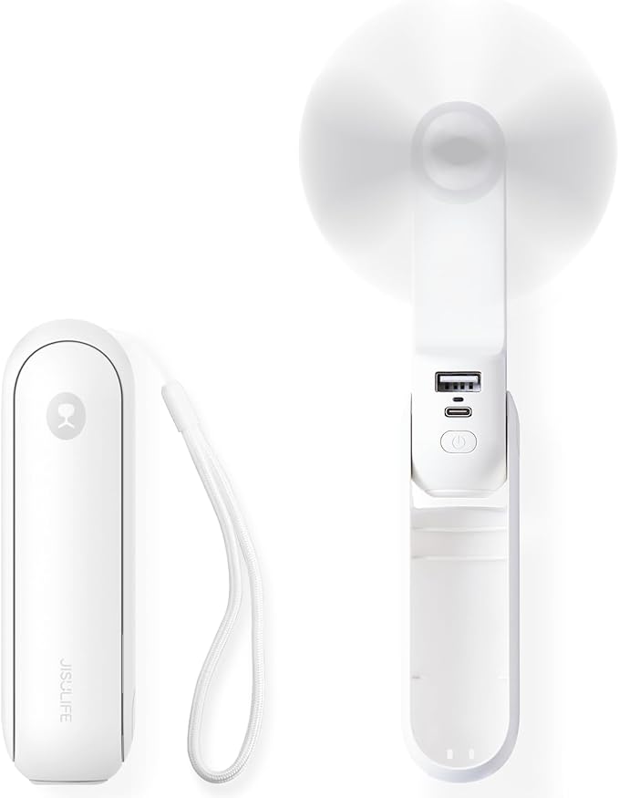 JISULIFE Portable Handheld Fan, Mini 3 In 1 with Rechargeable Battery, Personal Pocket Fan for Travel, Outdoor, USB Power Bank, Flashlight, Essential Ideal Gifts for Summer/Concert/Vacation - White