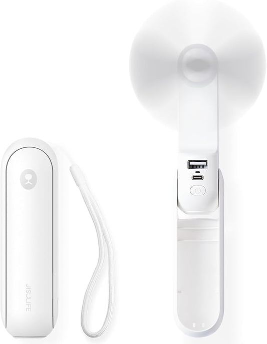 JISULIFE Portable Handheld Fan, Mini 3 In 1 with Rechargeable Battery, Personal Pocket Fan for Travel, Outdoor, USB Power Bank, Flashlight, Essential Ideal Gifts for Summer/Concert/Vacation - White