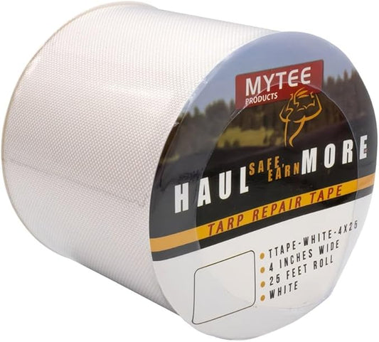Mytee Products 8.8 oz Waterproof White Vinyl Tarp Repair Tape 4 Inch x 25 FT with Heavy Duty Adhesive Backing - Tarp Repair Kit