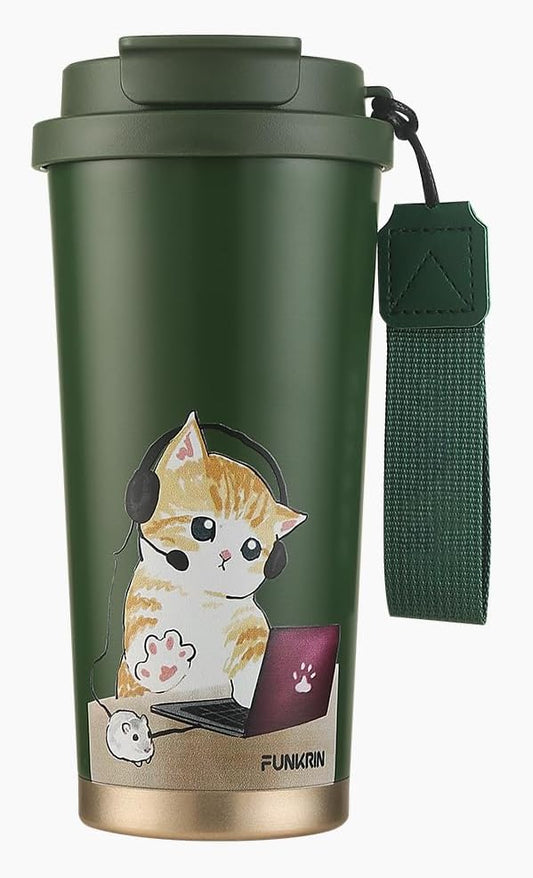Funkrin Coffee Travel Mug with Straw & Flip Lid, 16oz Insulated Tumbler Cup with Ceramic Coating, Double Wall Vacuum Leak-Proof Mug for Office School Party Camping
