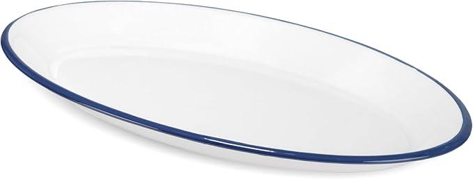 Red Co. Set of 4 Enamelware Metal Classic 13" Serving Oval Tray Platter, Solid White/Navy Blue Rim