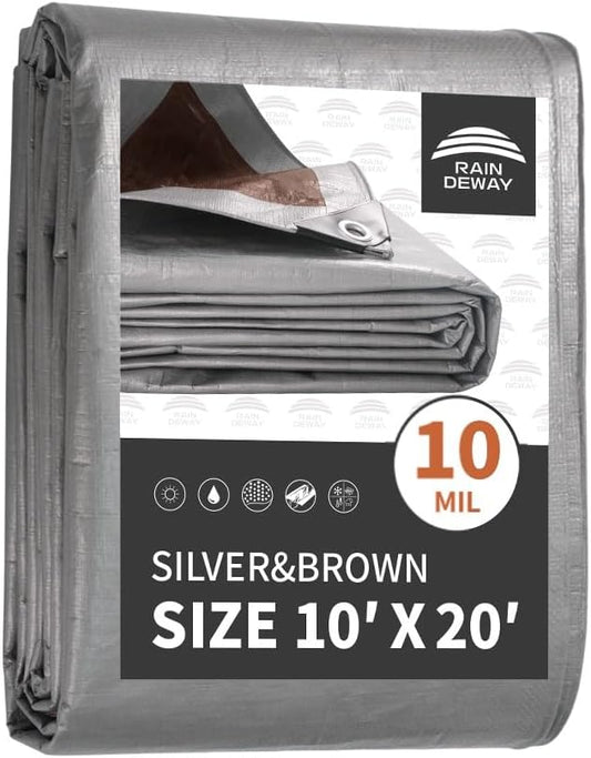 RAINDEWAY Tarps Heavy Duty Waterproof 10x20 Feet,10Mil Thick Multipurpose Poly Tarp Cover with Metal Grommets and Reinforced Edges,Silver/Brown Tarp