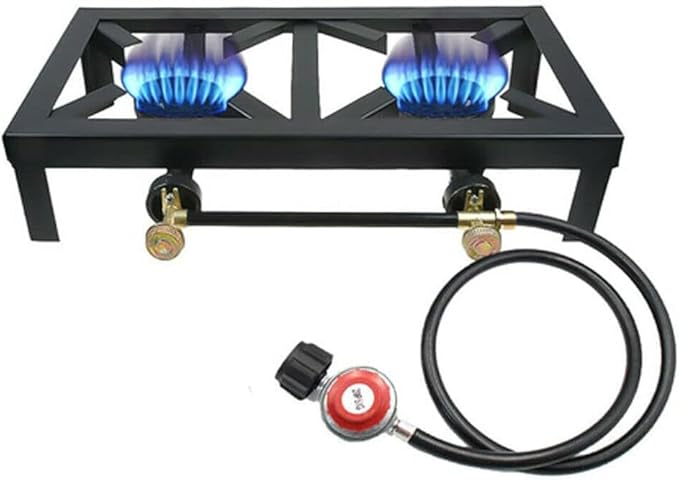 Double Burner Gas Stove, 8000W Portable Outdoor Propane Stove with Adjustable 0-10Psi Regulator Hose for Patio Camping, BBQ, Home Brewing, Turkey Fry, Maple Syrup Prep