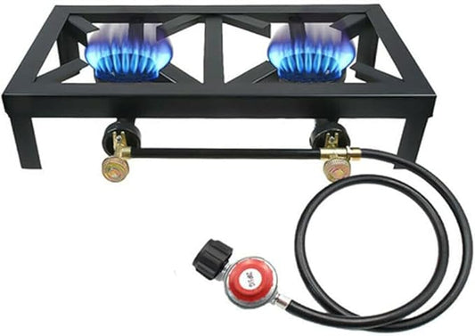 Double Burner Gas Stove, 8000W Portable Outdoor Propane Stove with Adjustable 0-10Psi Regulator Hose for Patio Camping, BBQ, Home Brewing, Turkey Fry, Maple Syrup Prep