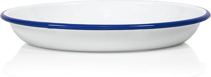 Red Co. Set of 4 Enamelware Metal 10” Round Camping Plates, Solid White/Navy Blue Rim