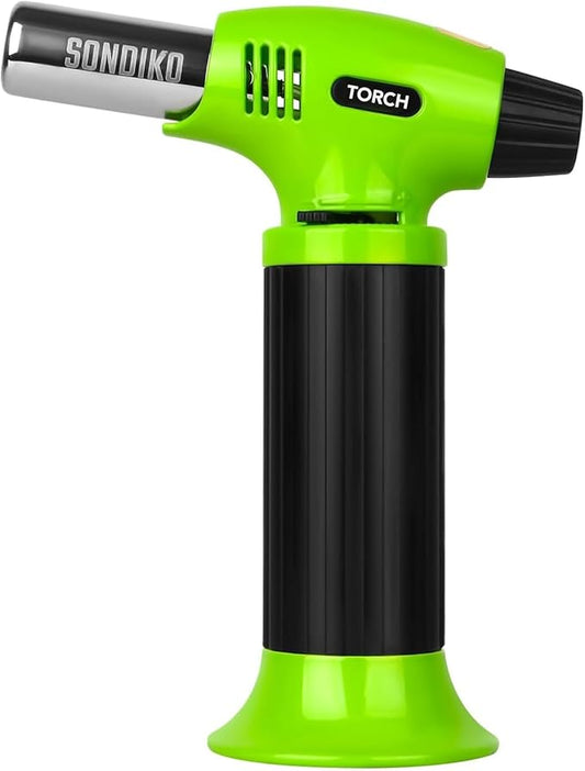 Sondiko Butane Torch Lighter, Refillable Kitchen Torch with Safety Lock and Adjustable Flame for Desserts, Creme Brulee, and Baking, Green