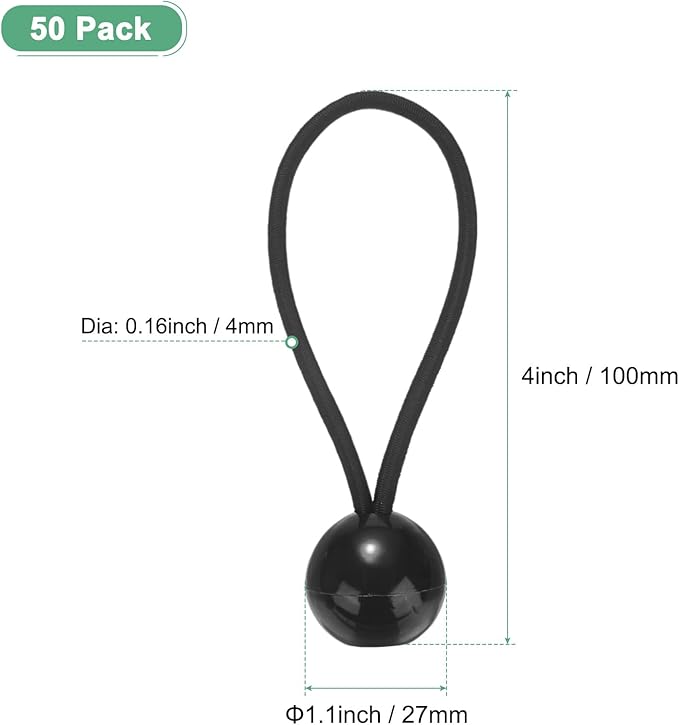 50-Pack Ball Bungee Cords, 4 Inch High Elastic Canopy Tarp Tie Down Bungee Balls for Camping/Tent/Cargo Holding Wire Hoses/Patio Umbrellas/Shelter [Black]