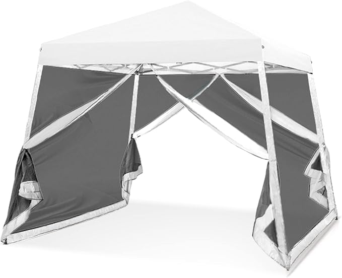 EAGLE PEAK 10x10 Slant Leg Easy Setup Pop Up Canopy Tent with Mosquito Netting 64 sqft of Shade, White