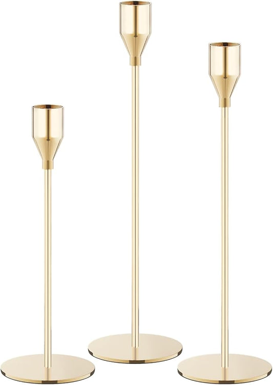 Gold Taper Candle Holders, Set of 3 Metal Candlestick Holders for Candle Sticks Holder Decor, Ideal for Mantle Table Centerpiece, Weddings, Dining, Housewarming Gift & Anniversaries