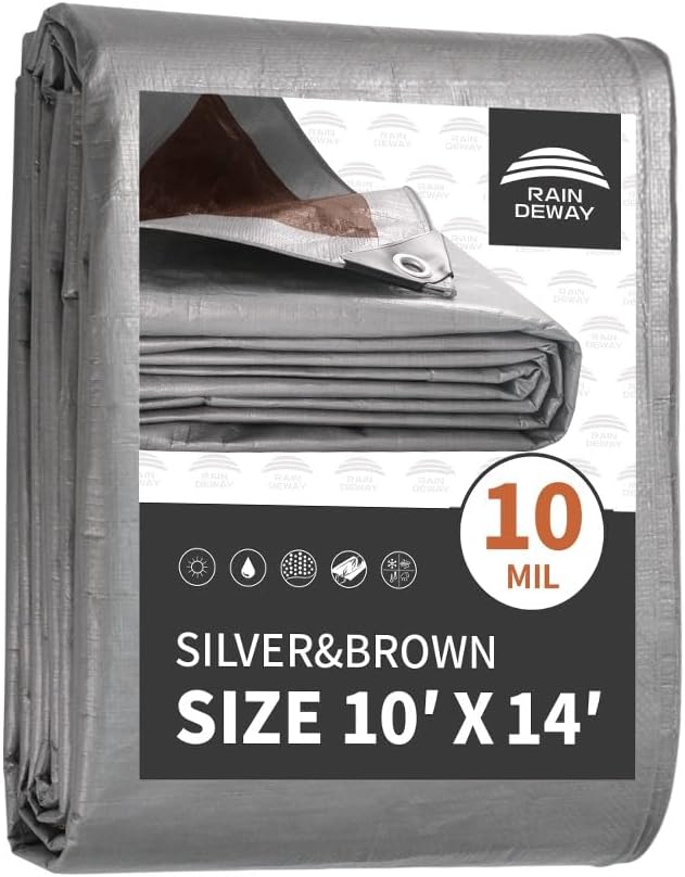 RAINDEWAY Tarps Heavy Duty Waterproof 10x14 Feet,10Mil Thick Multipurpose Poly Tarp Cover with Metal Grommets and Reinforced Edges,Silver/Brown Tarp