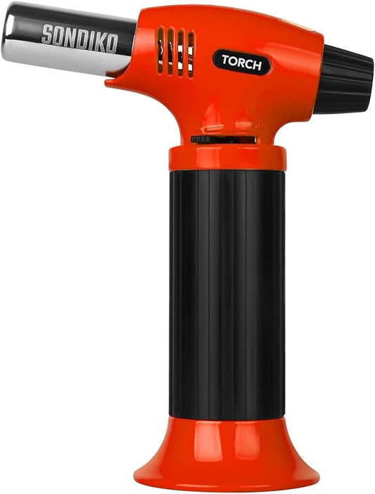 Sondiko Butane Torch Lighter, Refillable Kitchen Torch with Safety Lock and Adjustable Flame for Desserts, Creme Brulee, and Baking, Orange