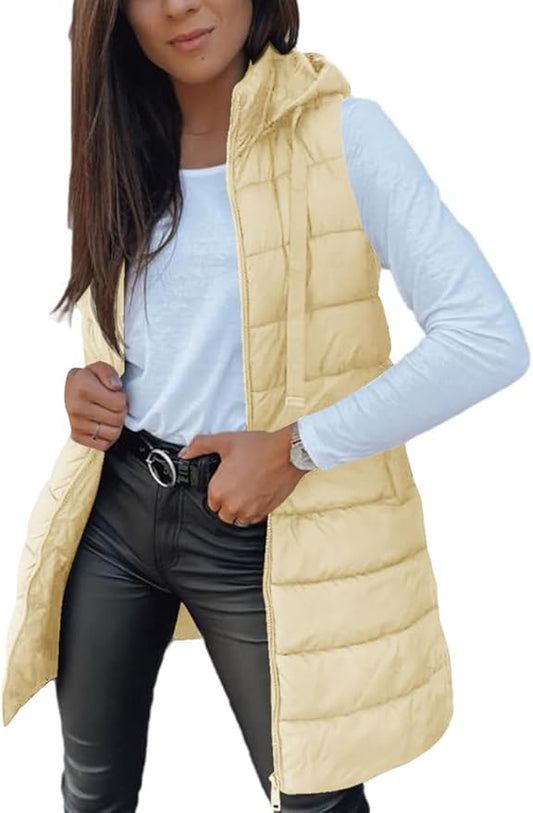 Veatzaer Women Long Vest Solid Color Sleeveless Hood Winter Puffer Vest Outwear