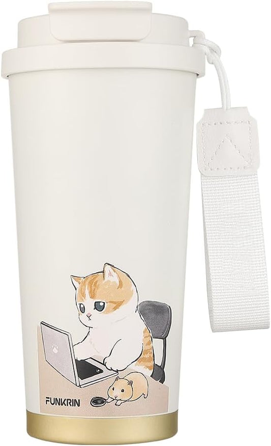 Funkrin Coffee Travel Mug with Straw & Flip Lid, 16oz Insulated Tumbler Cup with Ceramic Coating, Double Wall Vacuum Leak-Proof Mug for Office School Party Camping