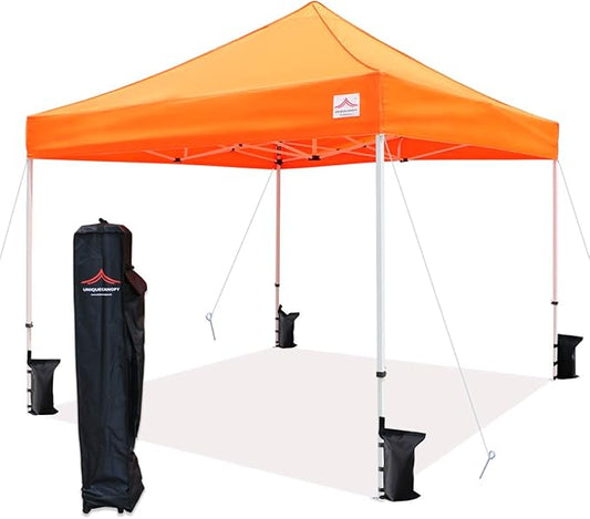 10'x10' Pop Up Canopy Tent Commercial Instant Shelter with Heavy Duty Roller Bag, 4 Canopy Sand Bags, 10x10 FT Orange
