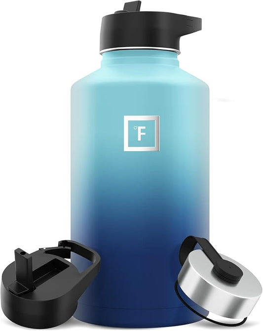 IRON °FLASK Camping & Hiking Hydration Flask with 3 Lids - Stainless Steel, Double Walled & Vacuum Insulated Water Bottle - Leak Proof & BPA Free (Blue Waves, Straw - 64 oz)