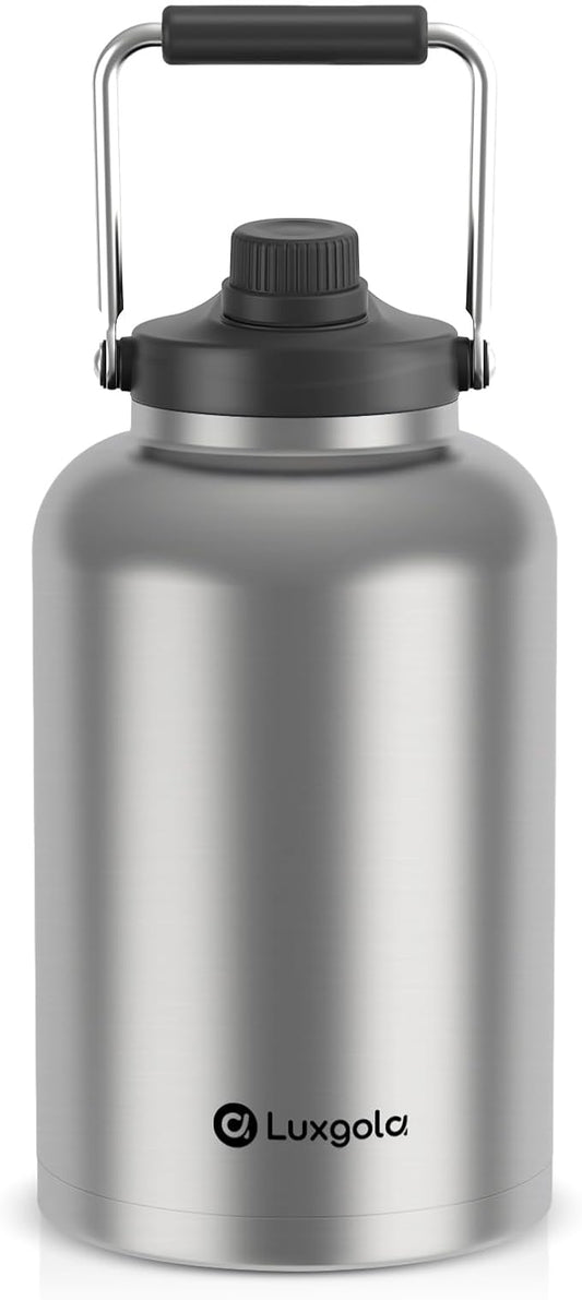 128 oz Insulated Water Bottle with Spout Lid and Handle, One Gallon Stainless Steel Double Vacuum Water Jug for Hot & Cold Drinks - Sweat Proof, Great for Travel, Hiking, Camping - Stainless