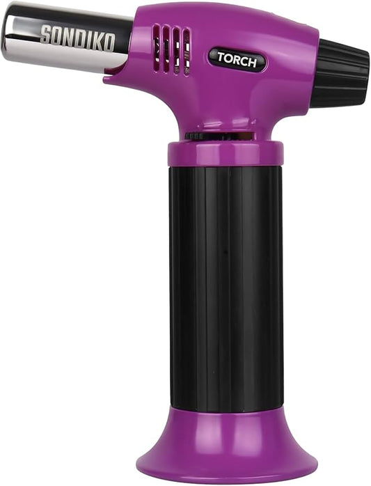 Sondiko Butane Torch Lighter, Refillable Kitchen Torch with Safety Lock and Adjustable Flame for Desserts, Creme Brulee, and Baking, ‎Pink&Black